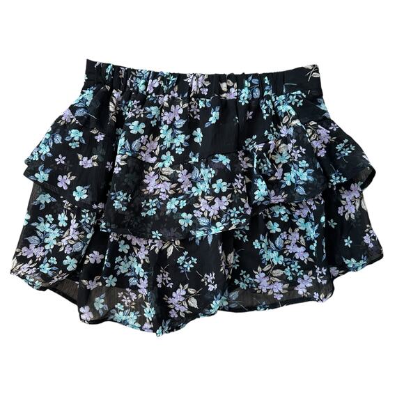 Gab & Kate NWT Black Blue Floral Mini Shorts Ruffle Tiered Festival Cottage S - Picture 4 of 5